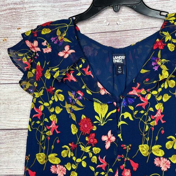 Lands’ End Deep Sea Garden Floral Chiffon Ruffle Sleeve Bubble Hem Blouse Medium - Picture 6 of 9